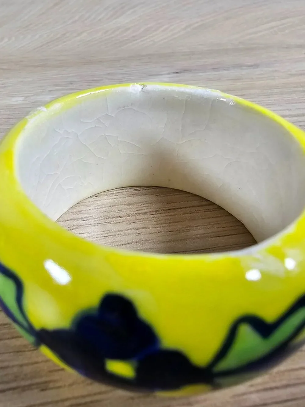 Pier 1 Napkin Rings Set of 4 Ceramic Yellow Blue Floral Boho Grandma *FLAWS
